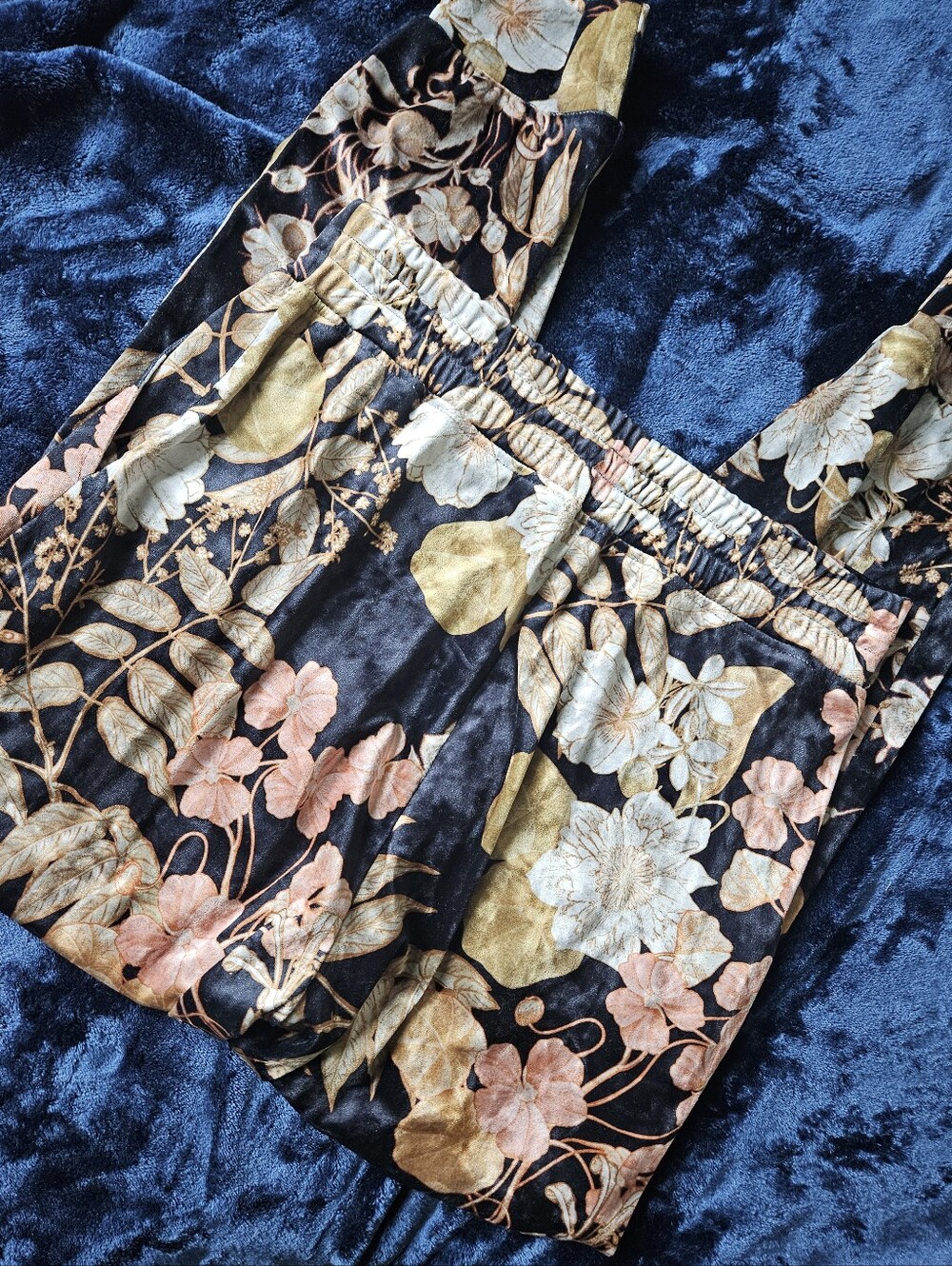 Floral Satin Jogger Pants with Black Base and Pink/Gold Flowers
